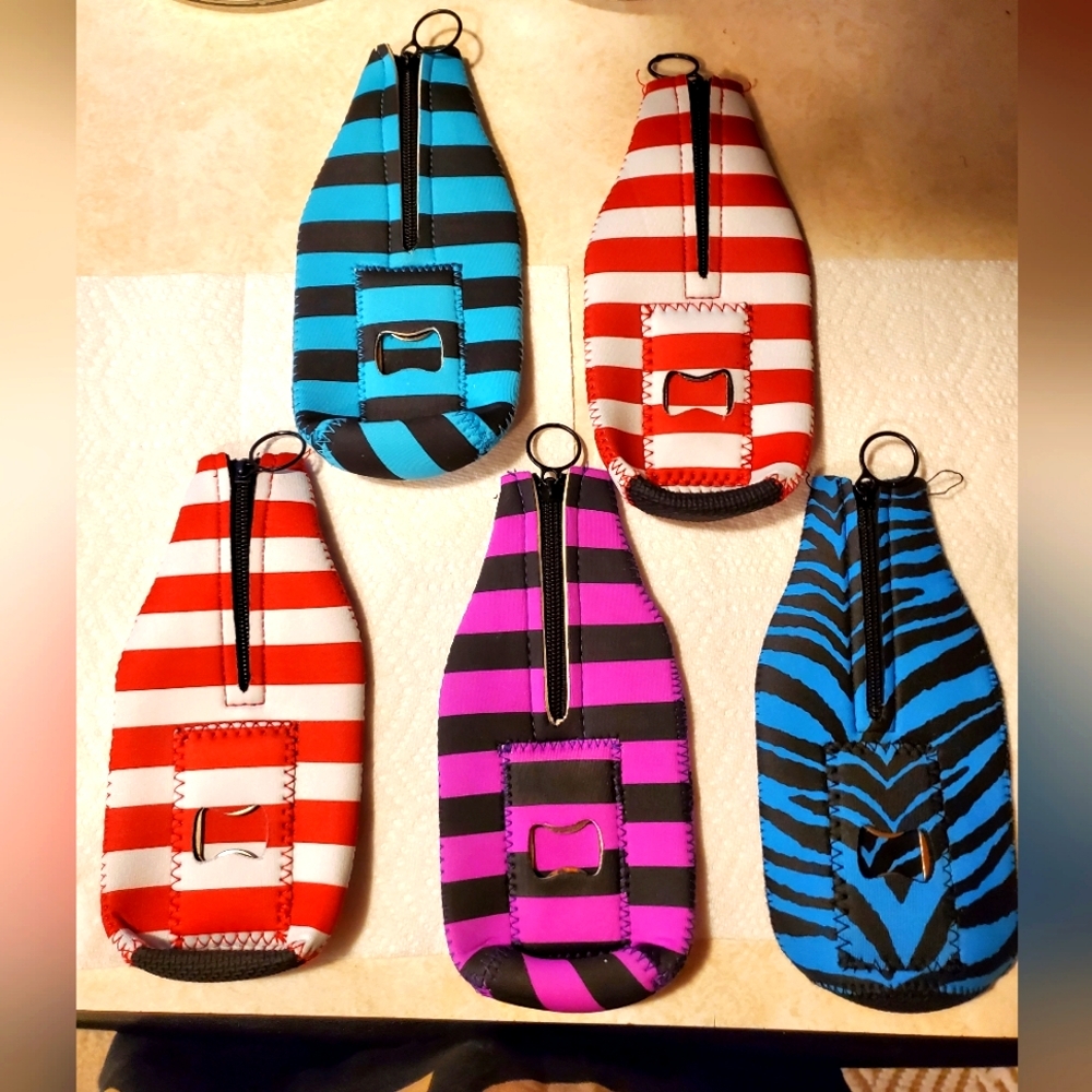 5 bottle Koozies with built in metal bottle opener.